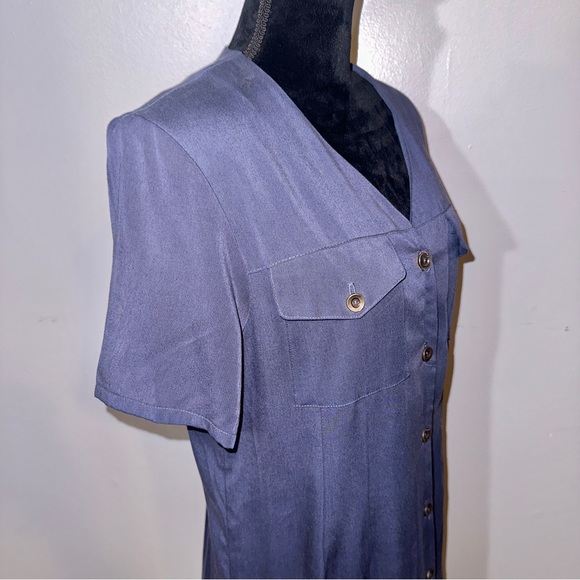Vintage Halston Size 14 Tencel Pleated Shirtdress Dusty Blue Midi Length - Picture 5 of 9